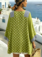 Women Two-tone Polka Dot Contrast Stripe Patchwork Crew Neck 3/4 Sleeve Blouse