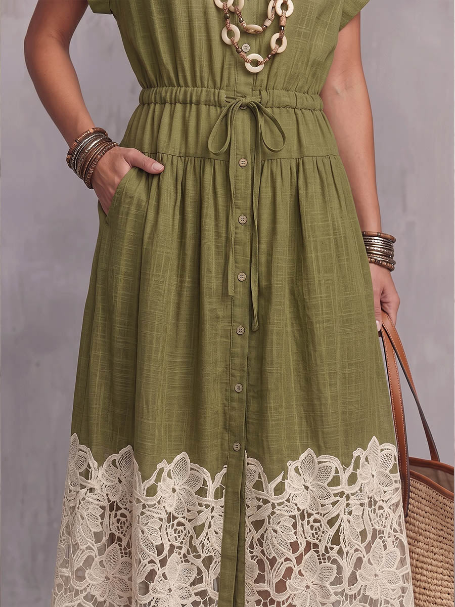 Vintage Elegant Cotton Linen Cut-Out Lace Patchwork Dress