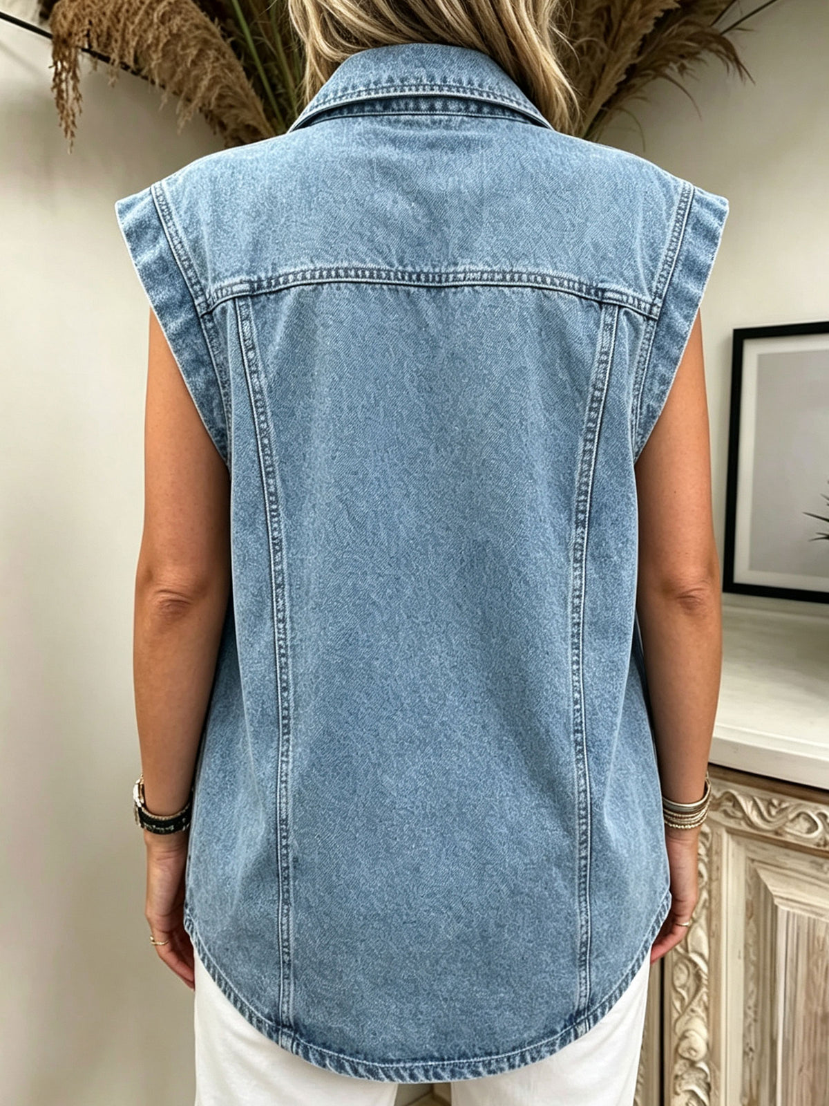 Women’s Washed Lapel Sleeveless Stitch Detail Denim Vest