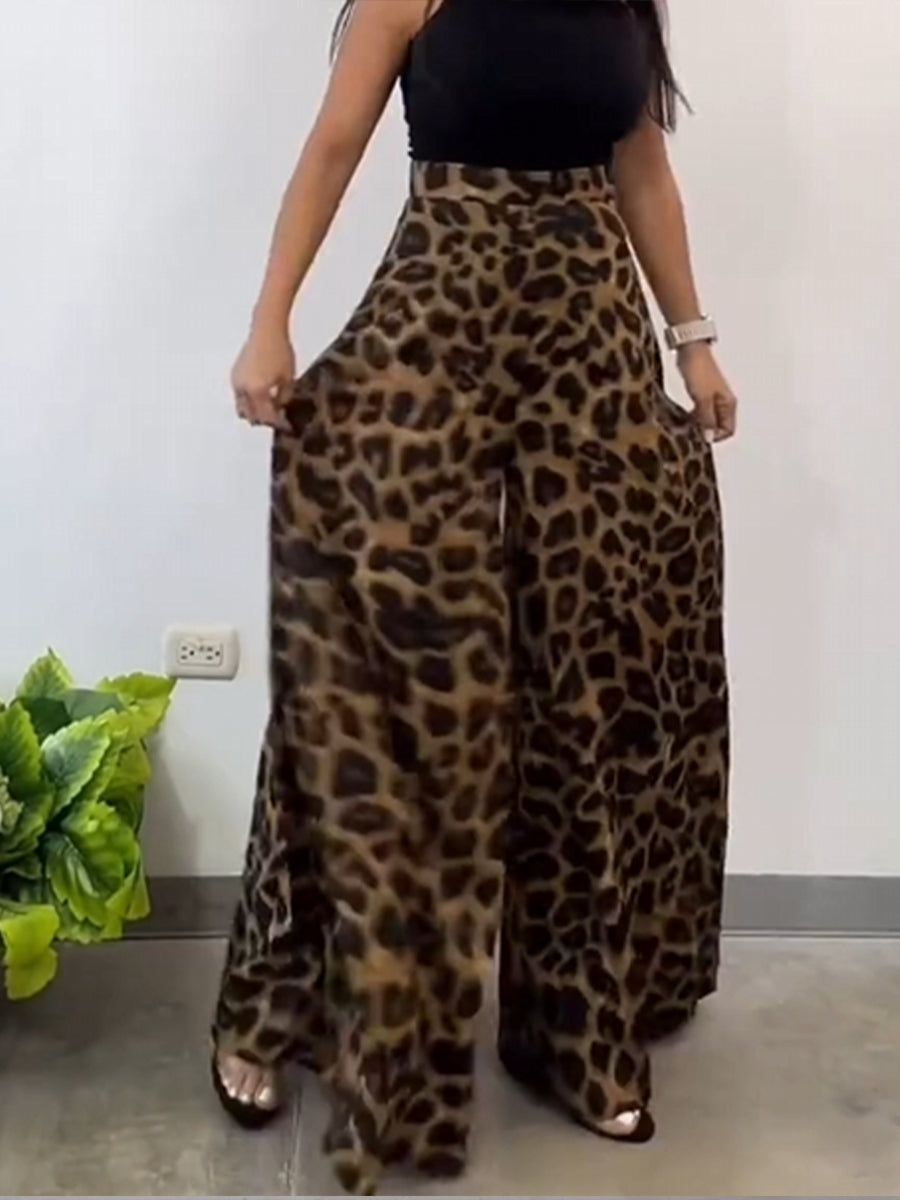 Stylish Leopard-print Wide-leg Trousers