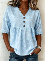 Vintage-style Casual Short-sleeve Shirt Featuring A V-neck, Lace Cut-out Patchwork, And Embroidery
