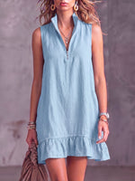 Women's Solid-color Stand-collar Sleeveless Casual Loose Cotton-linen Dress