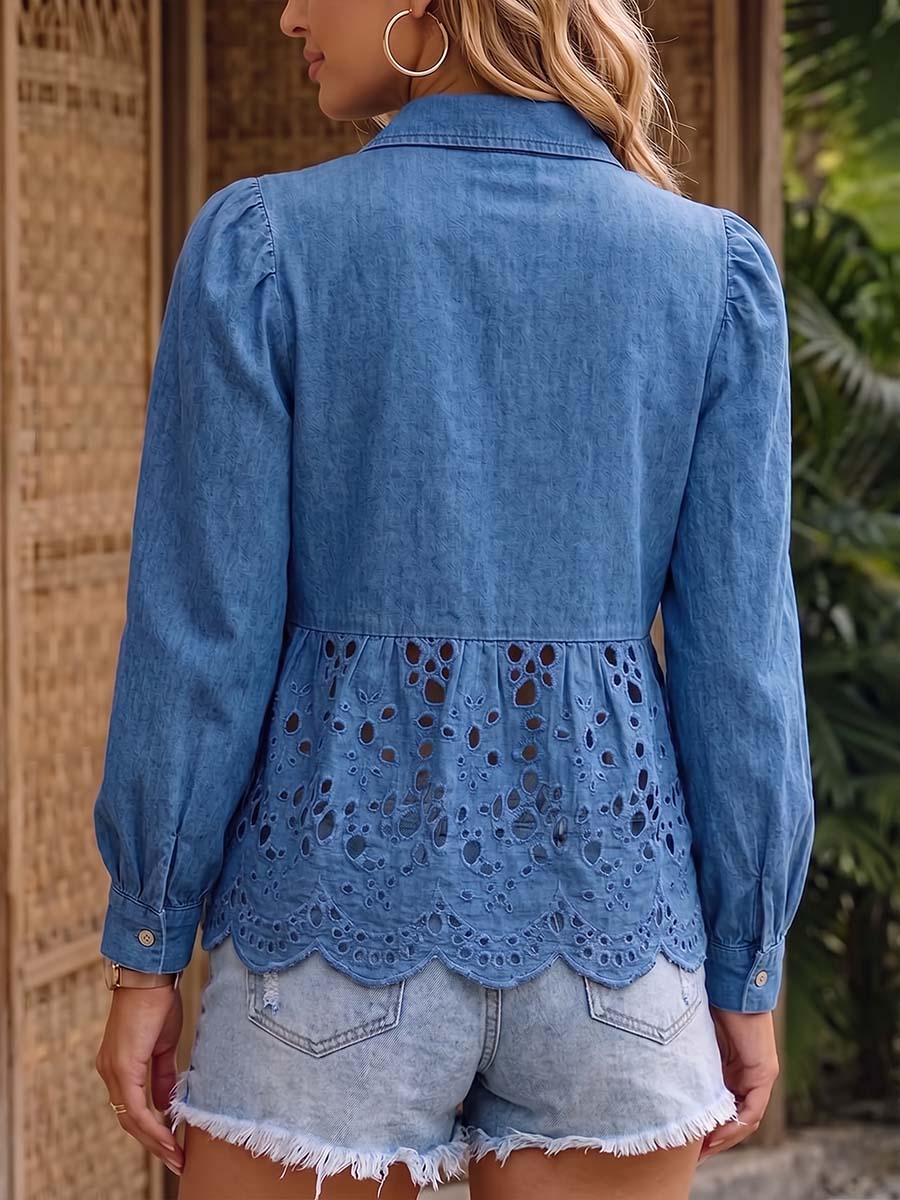Women's Long-sleeve Denim Shirt With Collar Loose Fit And Cut-out Embroidery Paneling