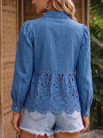 Women's Long-sleeve Denim Shirt With Collar Loose Fit And Cut-out Embroidery Paneling