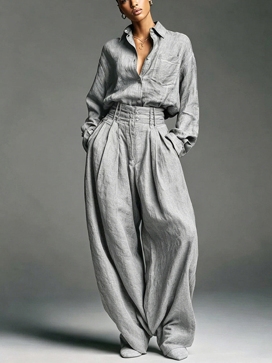 Women's Solid Color Art Casual Lapel Top And Pants Two-piece Set