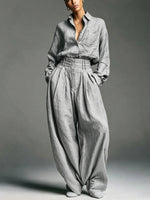 Women's Solid Color Art Casual Lapel Top And Pants Two-piece Set