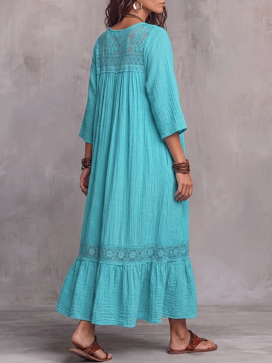 Vintage Elegant Cotton-Linen Cut-Out Lace Paneling Dress