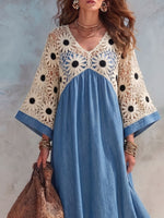 Vintage Elegant Denim Cut-Out Crochet Patchwork Dress