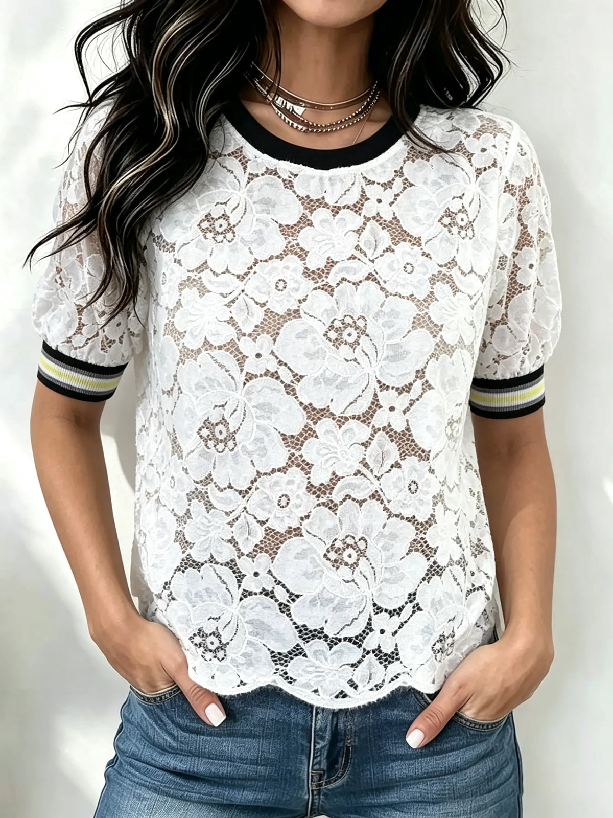 Women's Sheer Floral Lace Striped Trim Top