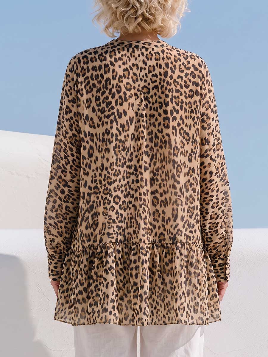 Women's Leopard Print V-neck Long-sleeve Loose Casual Chiffon Top