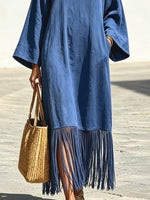 Women's Tassel Patchwork Loose Art Casual Stylish Long Sleeve Cotton Linen Dress