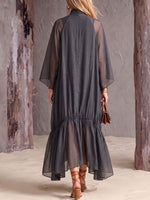 Women's Solid-color Stand-collar Long-sleeve Loose Casual Chiffon Dress