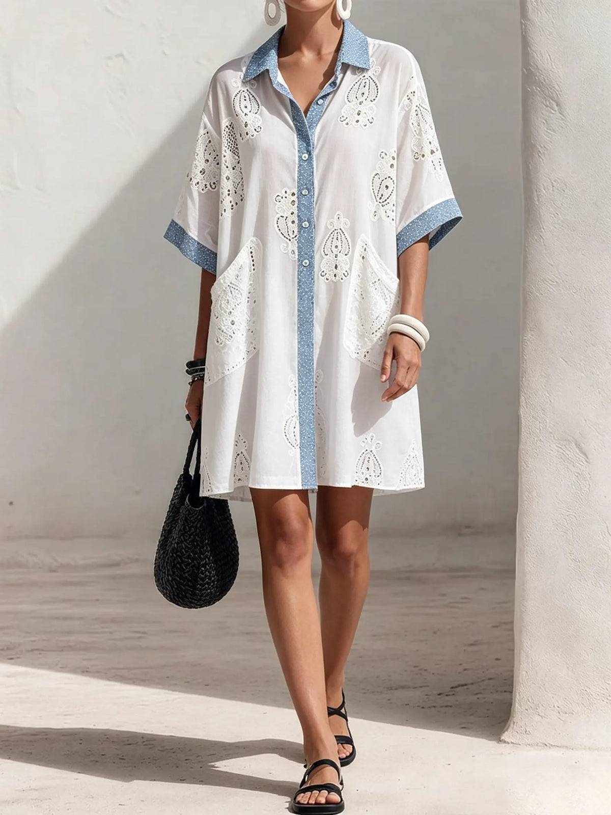 Women Floral Eyelet Embroidery Contrast Polka Dot Collar Short Sleeve Shirt Mini Dress