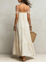 Women's Pleated Sheer-Sleeve Ruffle Maxi Dress