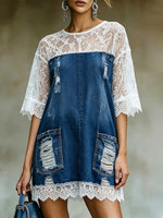 Women's Distressed Denim Lace-Sleeve Mini Dress