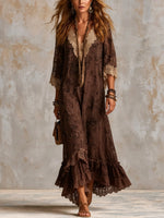 Women's Bohemian Floral Lace Ruffle Maxi Dress