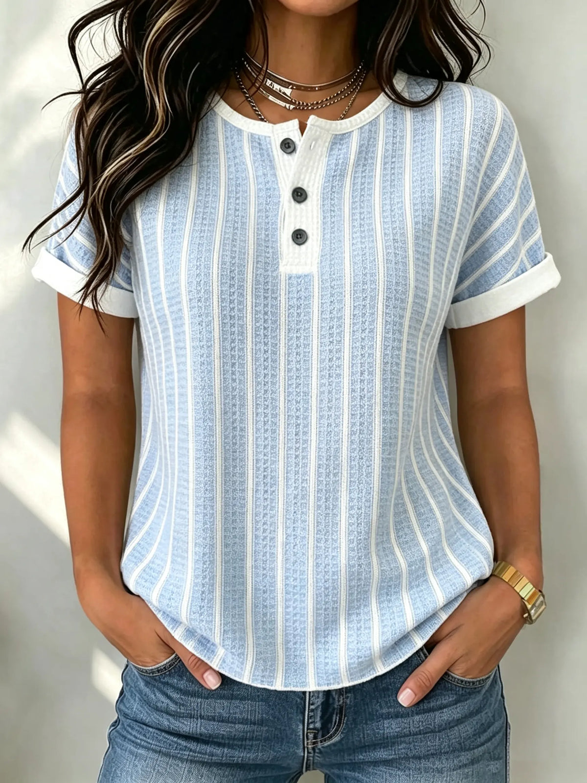 Women's Striped Waffle Knit Henley Top
