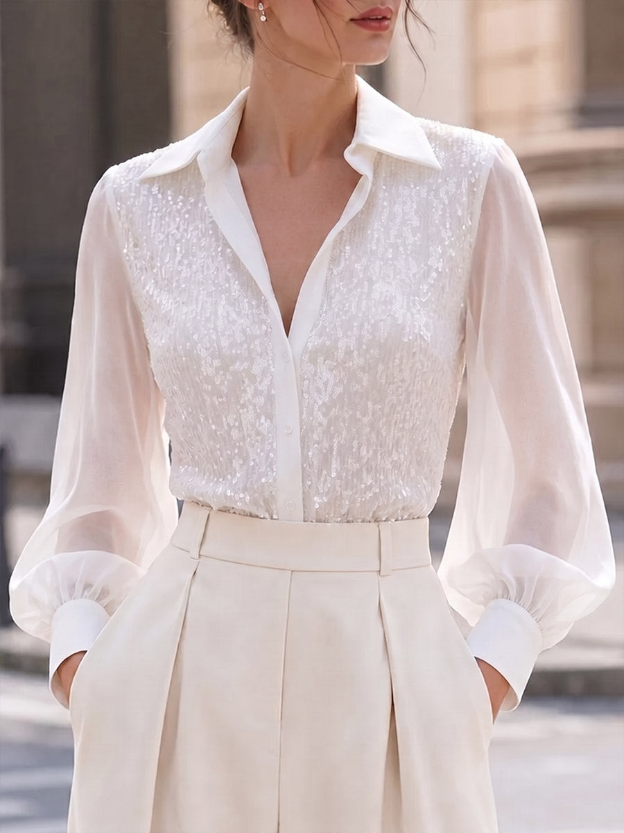 Women's Solid Color Long-sleeve Chiffon Shirt With Sequin Panels Lapel Collar And Loose Casual Fit