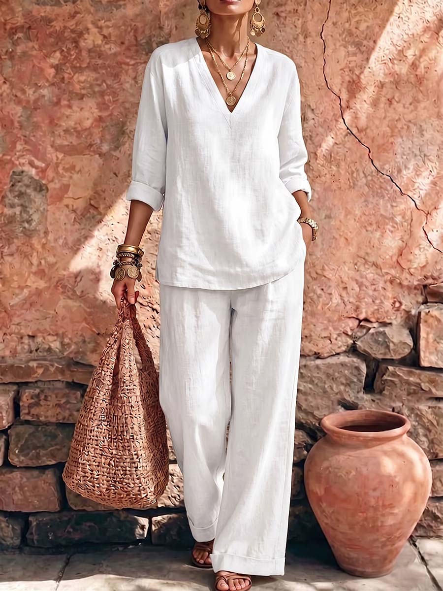 Women's Solid Color V-neck Long-sleeve Casual Loose Cotton-linen Top And High-waisted Wide-leg Pants Set