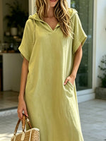Women's Hooded Loose Art Casual Stylish Short Sleeve Cotton Linen Dress