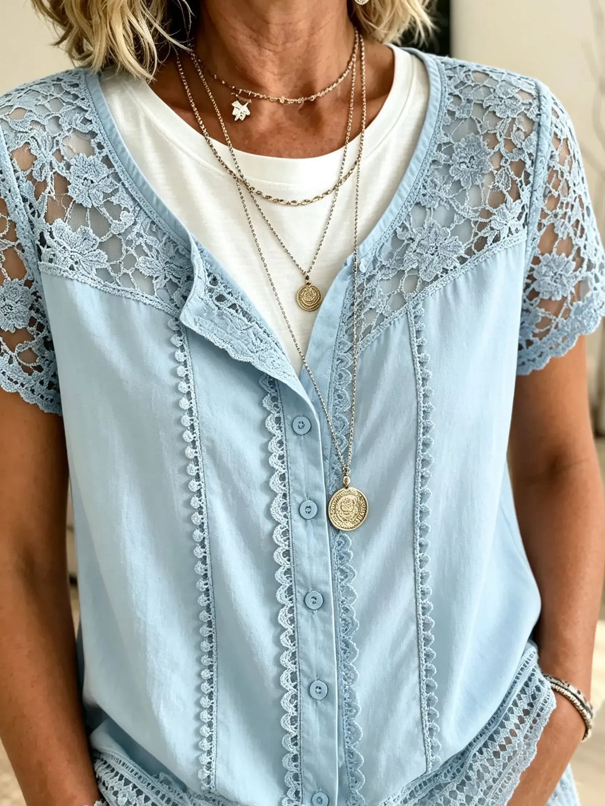 Women's Hollow Floral Lace Spliced Solid Cotton Short Sleeve Cardigan