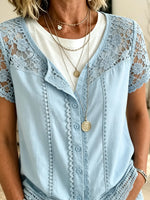 Women's Hollow Floral Lace Spliced Solid Cotton Short Sleeve Cardigan