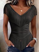 Women's Solid Color V-neck Short-sleeve Casual Loose Tassel Top
