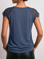 Women's Solid-color Crew Neck Short-sleeve Casual Loose Lace-panel Top