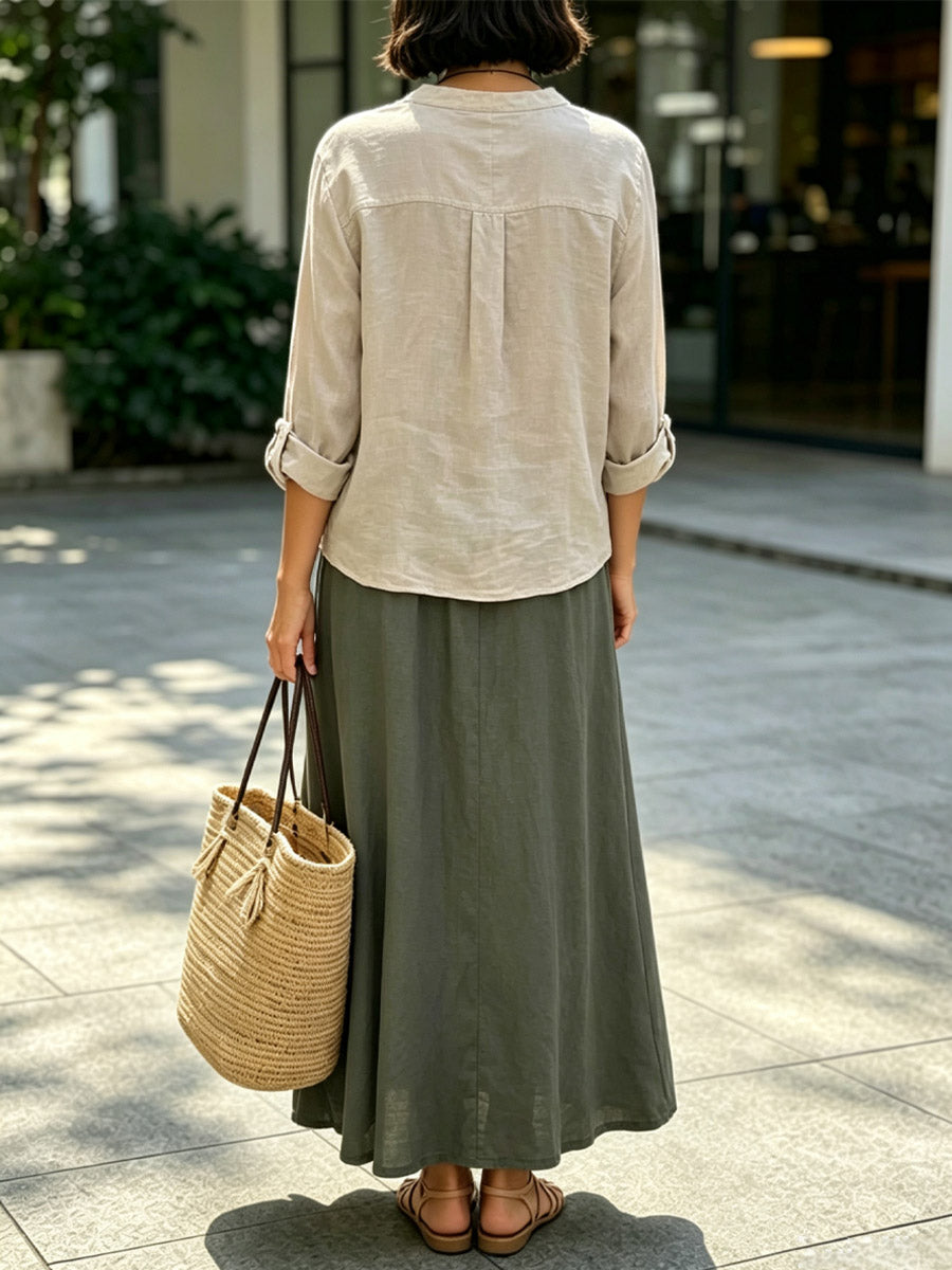 Women's Casual Long Sleeve Top And Skirt Cotton And Linen Two-piece Set