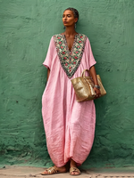 Bohemian Floral Print Cotton-linen Kaftan Maxi Dress