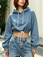 Retro Denim Hoodie Drawstring Long Sleeve Art Casual Stylish Shirt