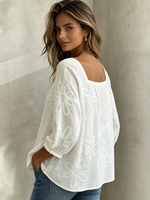 Boho Floral Embroidered Square-neck Cotton Blouse