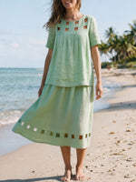 Womens Square Cutout Cotton Linen Two Piece Skirt Set