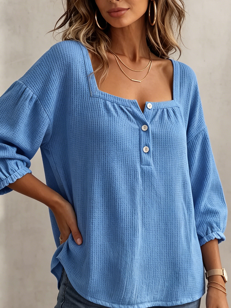 Relaxed Cozy Square-neck Waffle Knit Top