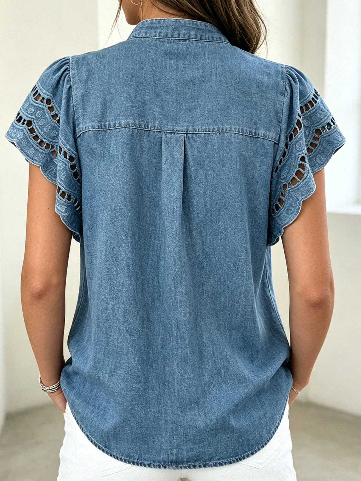 Women’s Eyelet Cutout Ruffle Cap Sleeve Mandarin Collar Denim Button Shirt