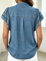 Women’s Eyelet Cutout Ruffle Cap Sleeve Mandarin Collar Denim Button Shirt