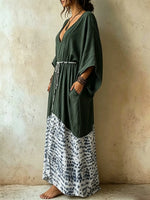 Women's Spliced Spot Leopard Print V Neck Loose Vacation Maxi Dress