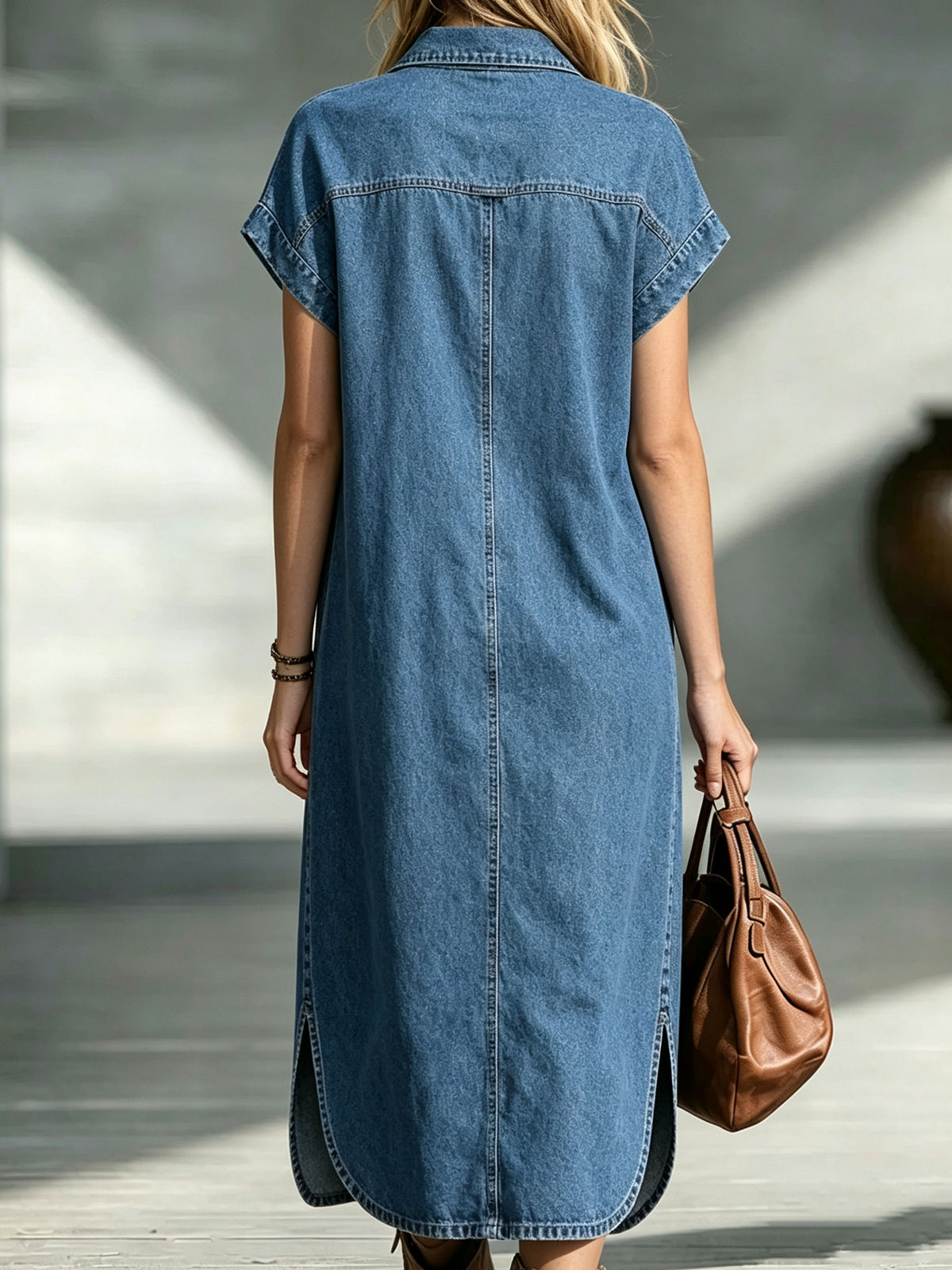 Women’s Half Zip Front Pocket Short Sleeve Denim Midi Shirt Dress