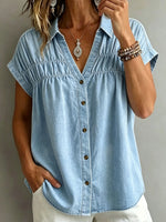 Women’s Ruched Cap Sleeve V Neck Light Wash Denim Button Down Blouse