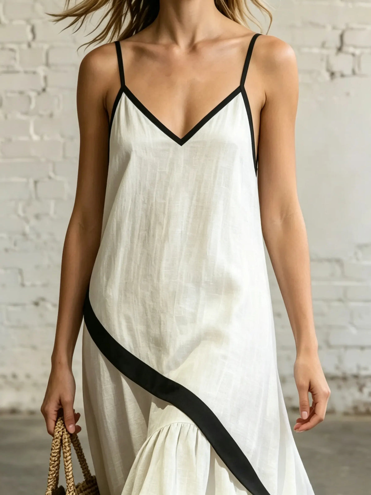 Women Solid Contrast Diagonal Stripe V Neck Spaghetti Strap Mermaid Maxi Dress