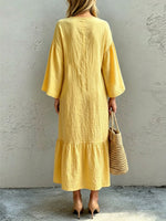 Women's V-collar Loose Art Casual Long Sleeve Cotton Linen Dress