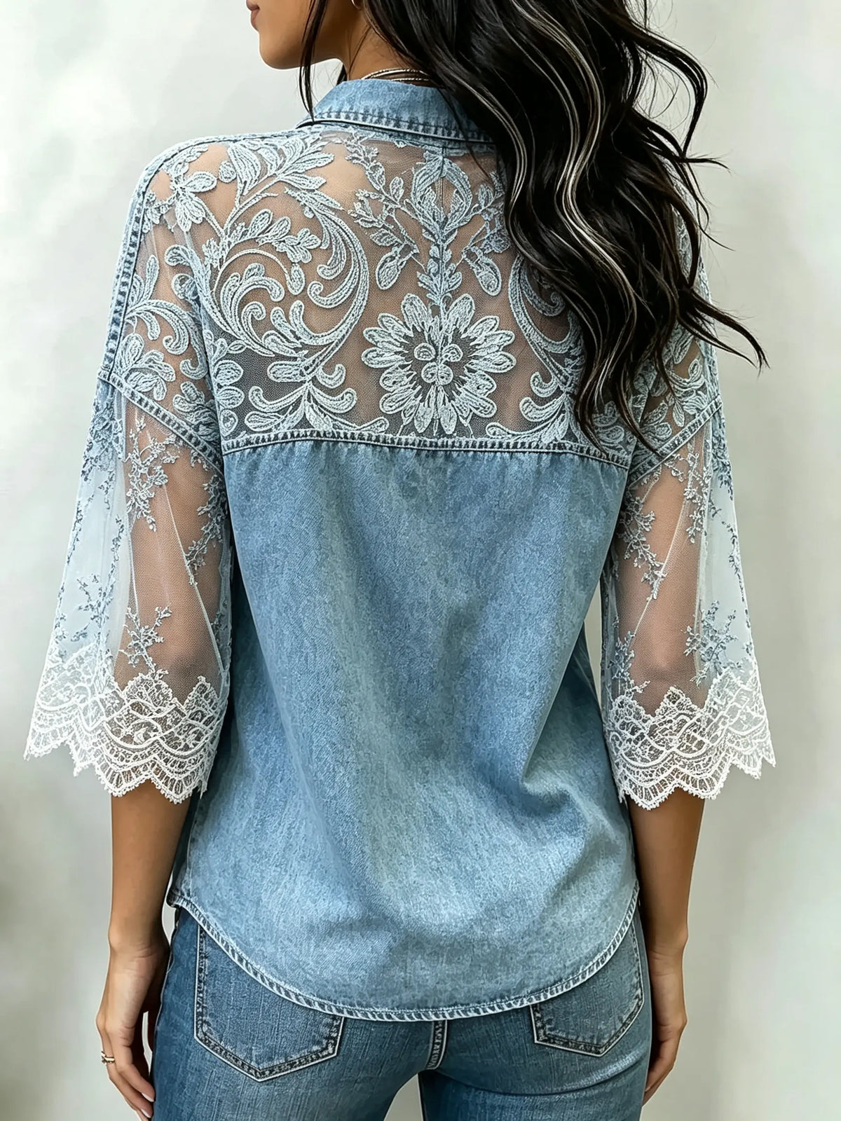 Women's Floral Lace Patchwork 3/4 Sleeve Collar Denim Shirt