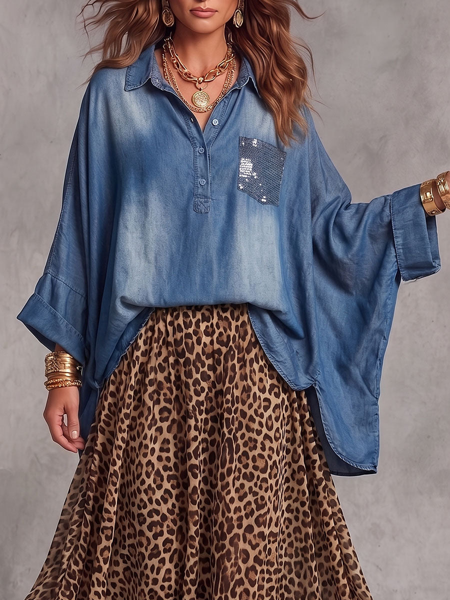 Vintage Elegant Denim Patchwork Pocket Irregular Shirt