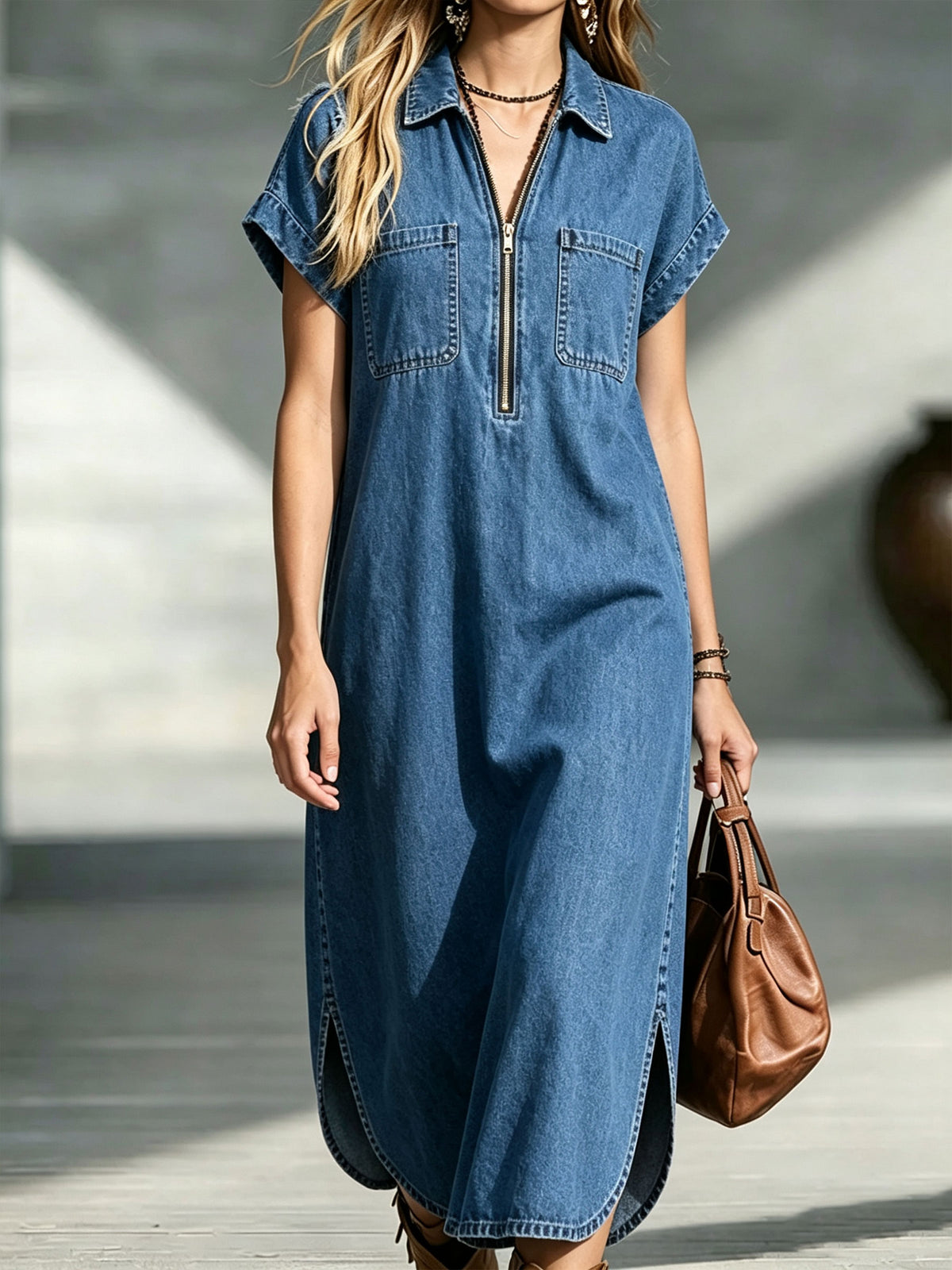 Women’s Half Zip Front Pocket Short Sleeve Denim Midi Shirt Dress