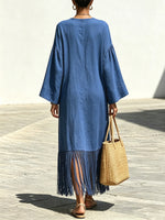 Women's Tassel Patchwork Loose Art Casual Stylish Long Sleeve Cotton Linen Dress