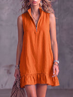 Women's Solid-color Stand-collar Sleeveless Casual Loose Cotton-linen Dress