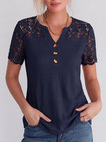 Women's Solid Color V-neck Waffle-knit Pullover With Lace Embroidery Panel – Casual Loose Fit