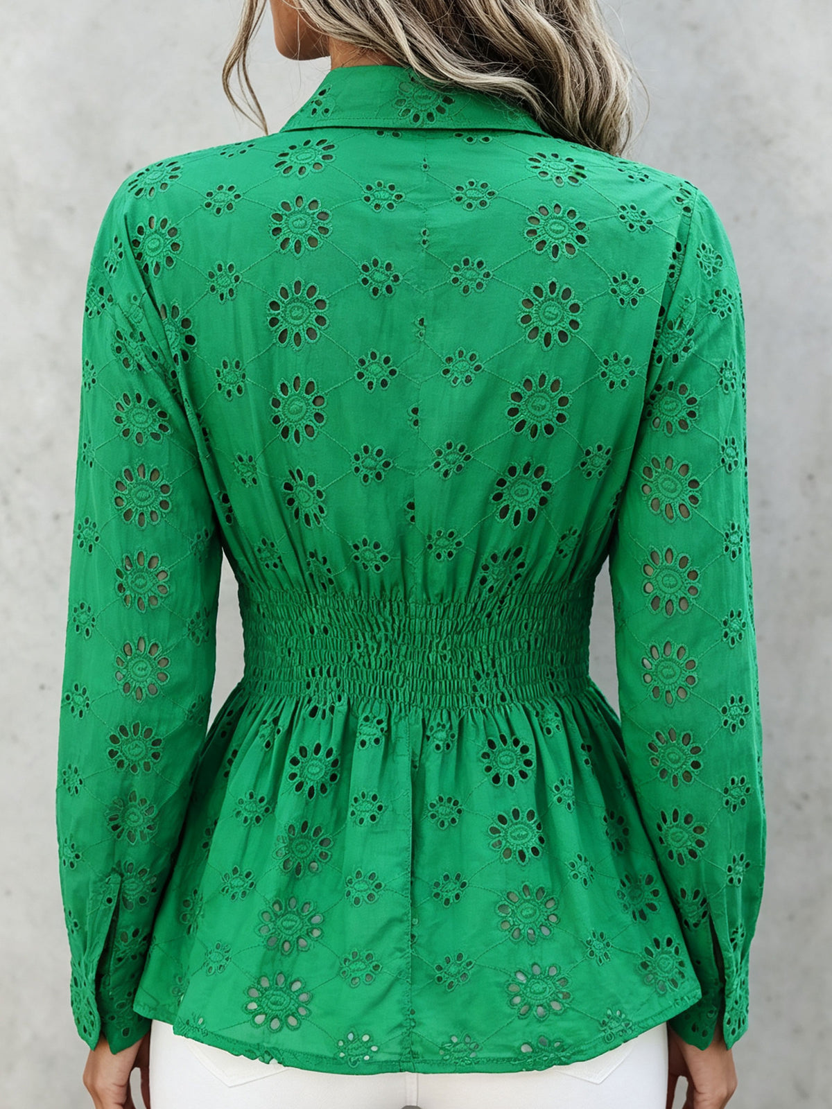 Women’s Floral Eyelet Collared Smocked Waist Peplum Long Sleeve Shirt