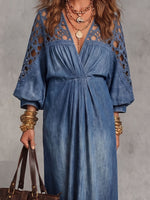 Vintage Elegant Denim Cut-Out Lace Patchwork Dress