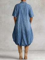 Women’s Short Sleeve Bubble Hem Irregular Denim Shirt Dress With Side Pockets